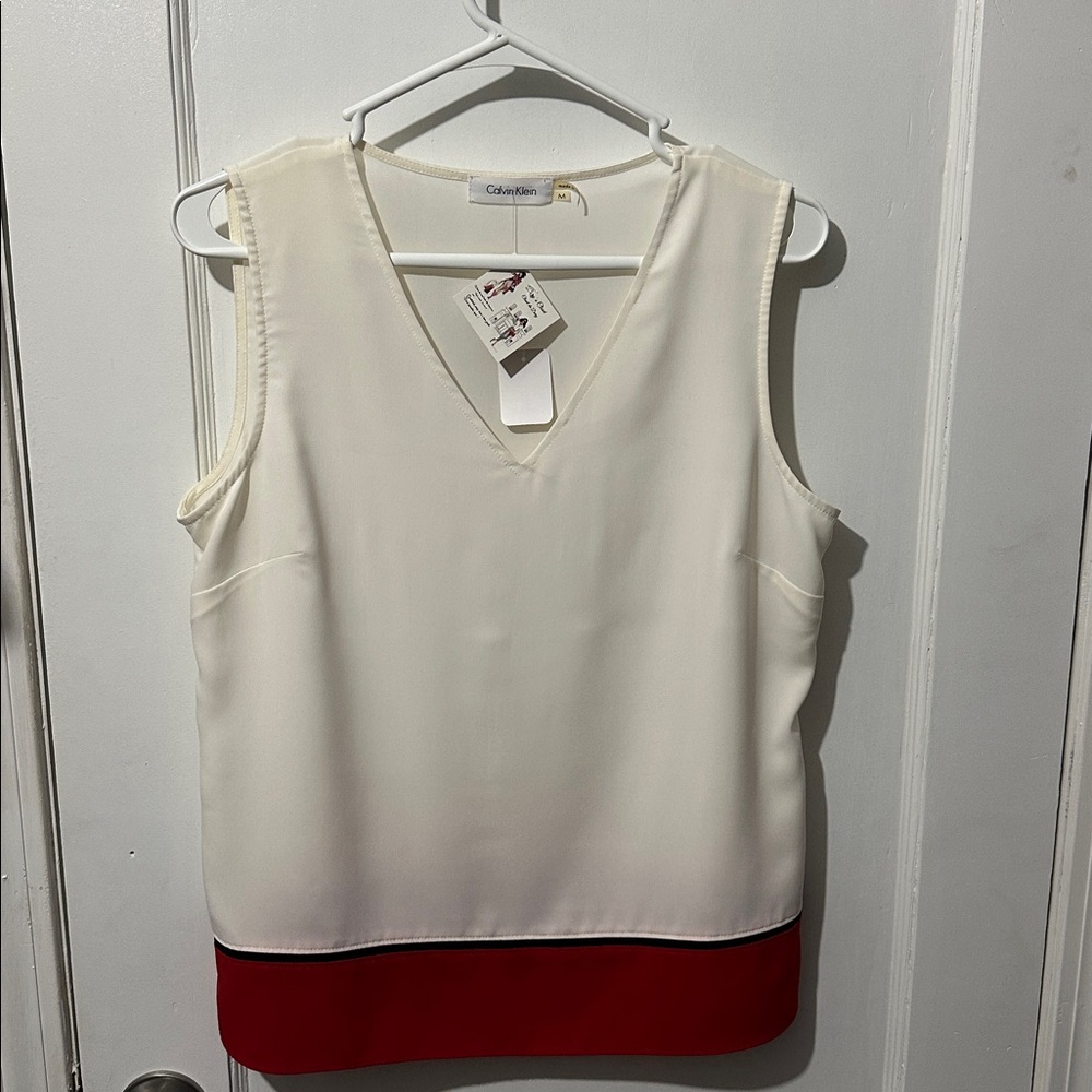 Calvin Klein Cream and Red V-Neck Top